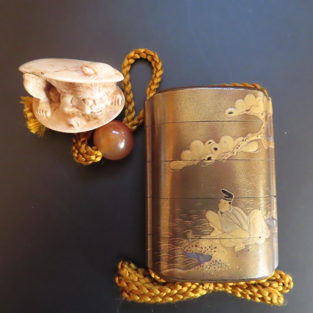 Maki-e inrO (small decorative container) with netsuke, featuring a design of pine trees, an elderly (1 of 11)