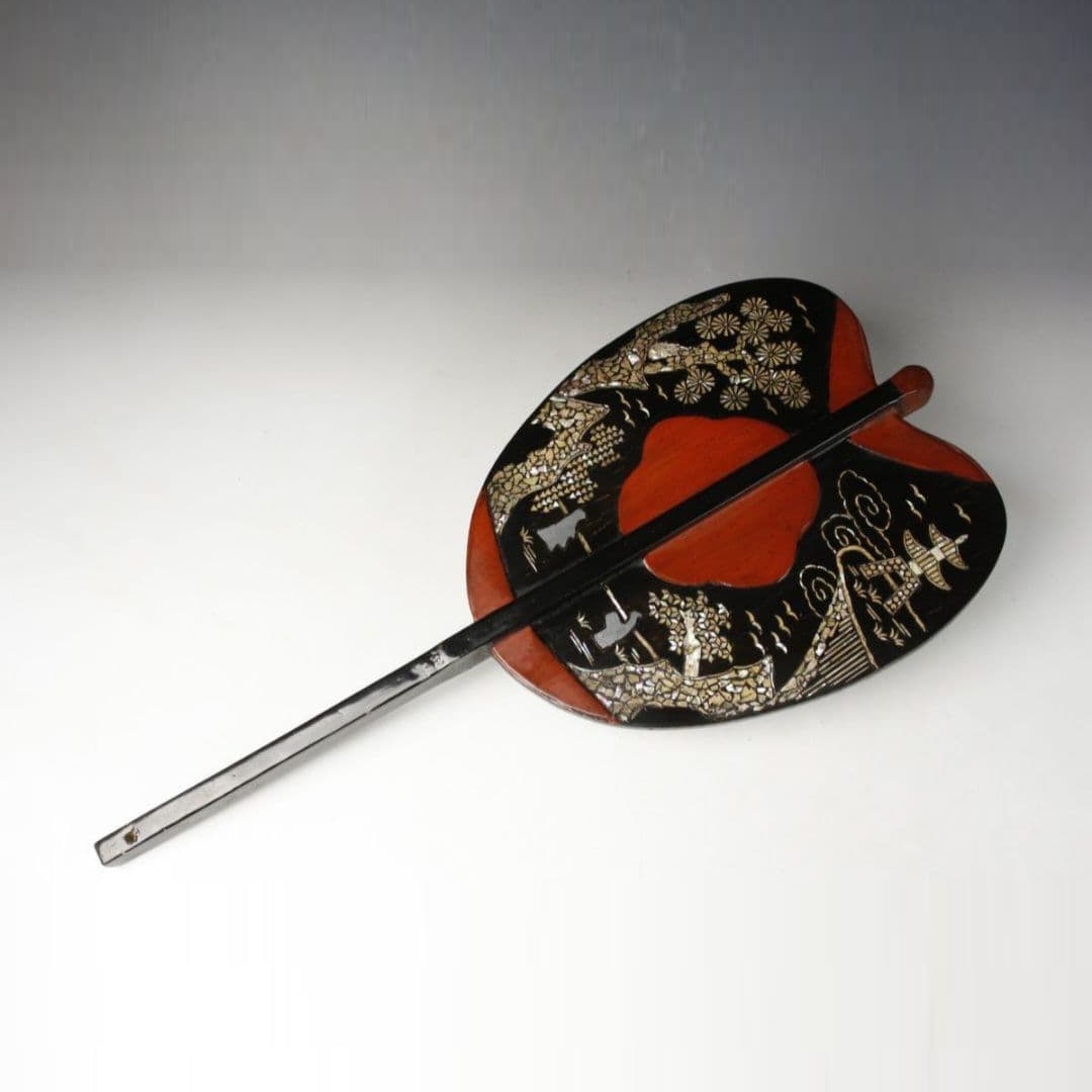 Edo period lacquer and shell inlaid war fan, sumo referee's baton. (1 of 6)