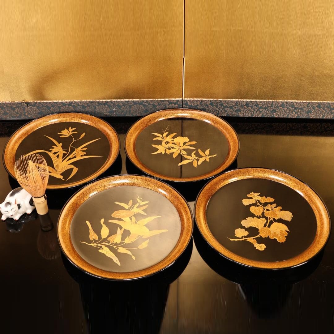 Wajima Lacquerware, Floral Pattern, Gold Maki-e, Four-Piece Set: Soup Plate, Dessert Plate, Round (1 of 15)