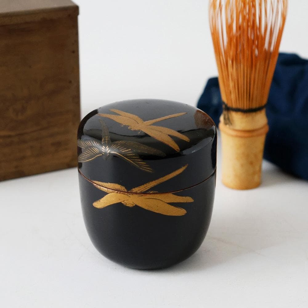 Wajima period lacquered wooden tea caddy, black lacquer, decorated with gold maki-e dragonfly, (1 of 12)