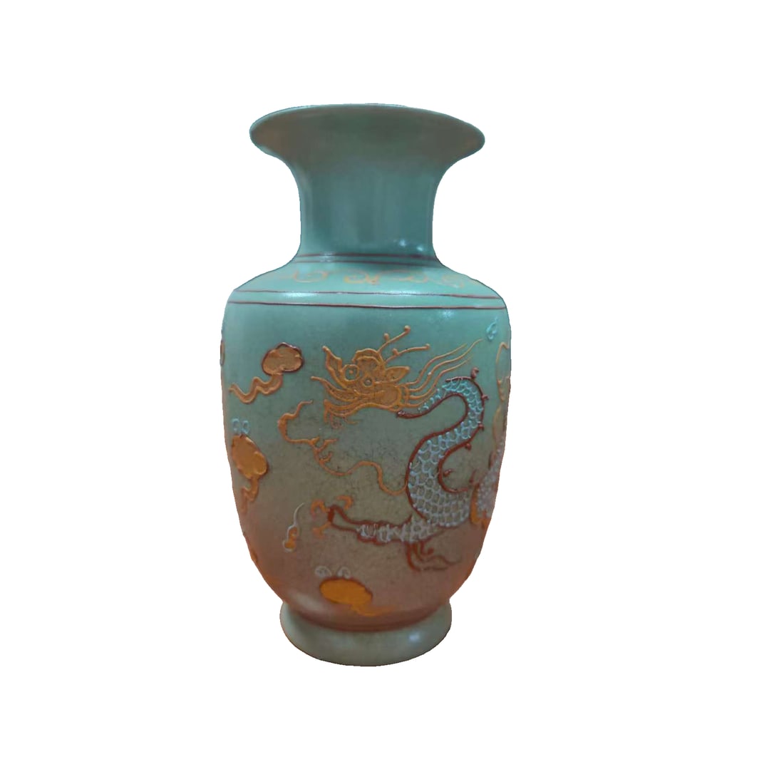 A Song Ru kiln vase with gilded dragon pattern, formerly in the collection: A Song Dynasty Ru kiln vase with gilt dragon patterns, inscribed on the bottom: Made by the Emperor of Qingliang Temple in the first year of Chongning. The vase has a natural patina and is in good con
