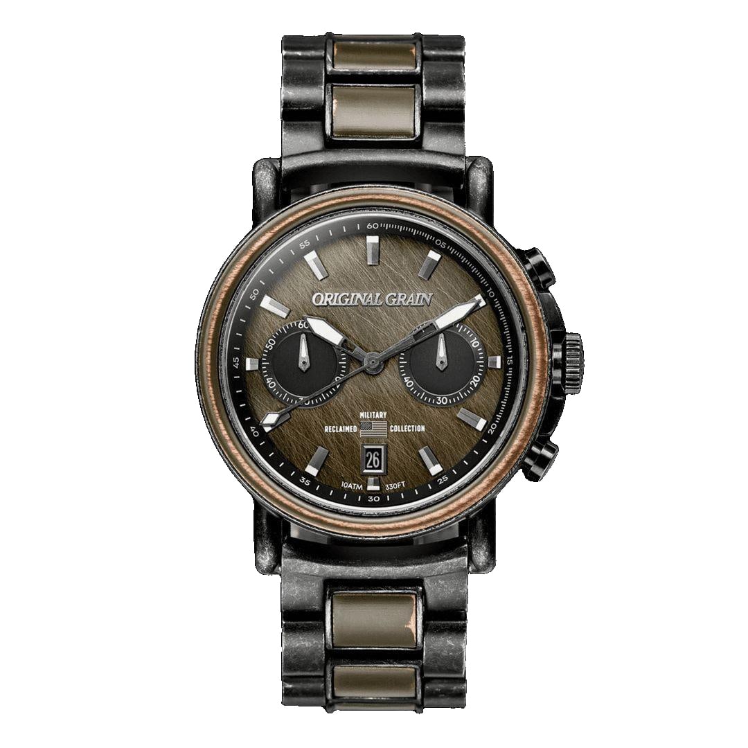 Second-hand - ORIGINAL GRAIN RECLAIMED COLLECTION: Product Description: This watch is crafted from wood and stainless steel, featuring a chronograph function and date display. It is a manually wound timepiece. Brand: ORIGINAL GRAIN Model: RECLAIMED CO