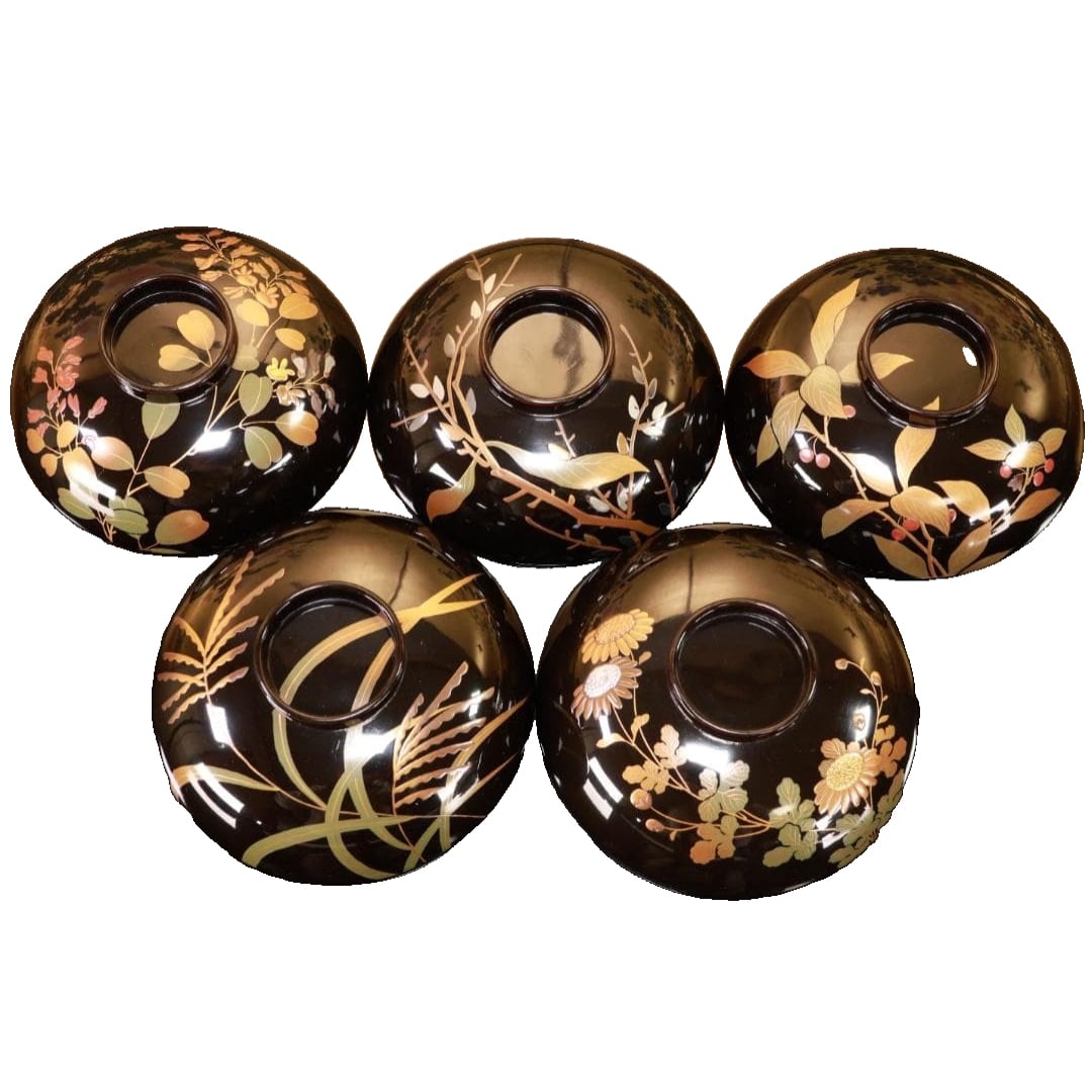 Antique and Ryukyuan lacquerware, floral pattern soup bowl set, five-piece set, wooden. (1 of 15)