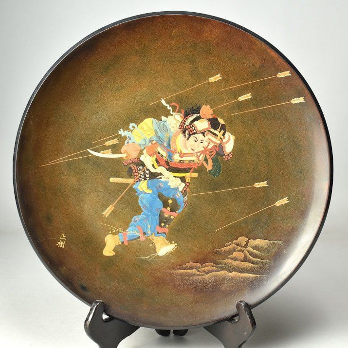 Masaki HOki, Maki-e Samurai Painting, ShijO Shimenawa Scene, Decorative Plate, with Original Box, (1 of 10)