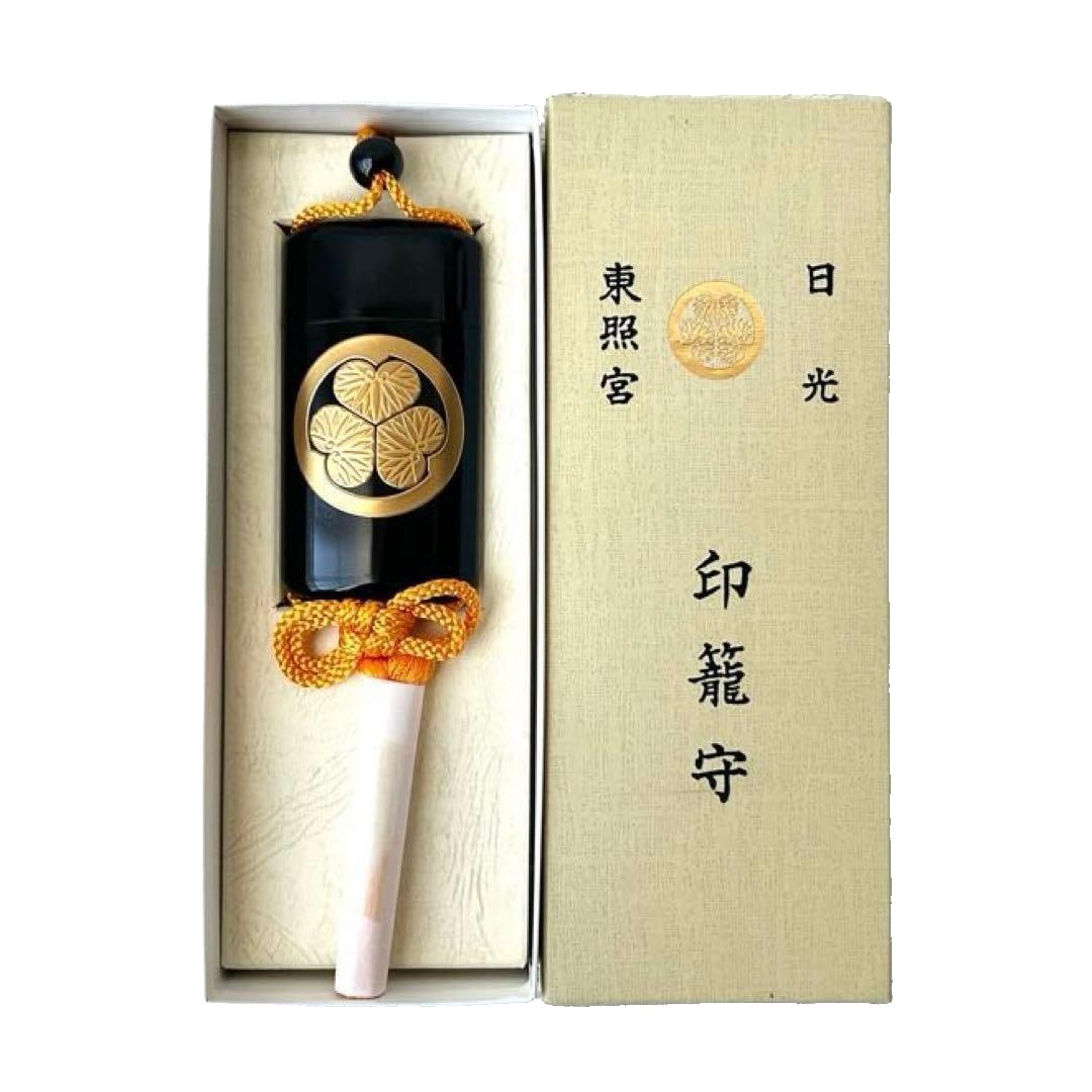 InrO amulet from NikkO TOshO-gU, with box, featuring the Mitsuba Aoi crest, Tokugawa Ieyasu.: NikkO TOshO-gU InrO Amulet with Box, Mitsuba Aoi Crest, Tokugawa Ieyasu This amulet is believed to provide protection for safe travel, promote health and longevity, ward off evil, and bring good