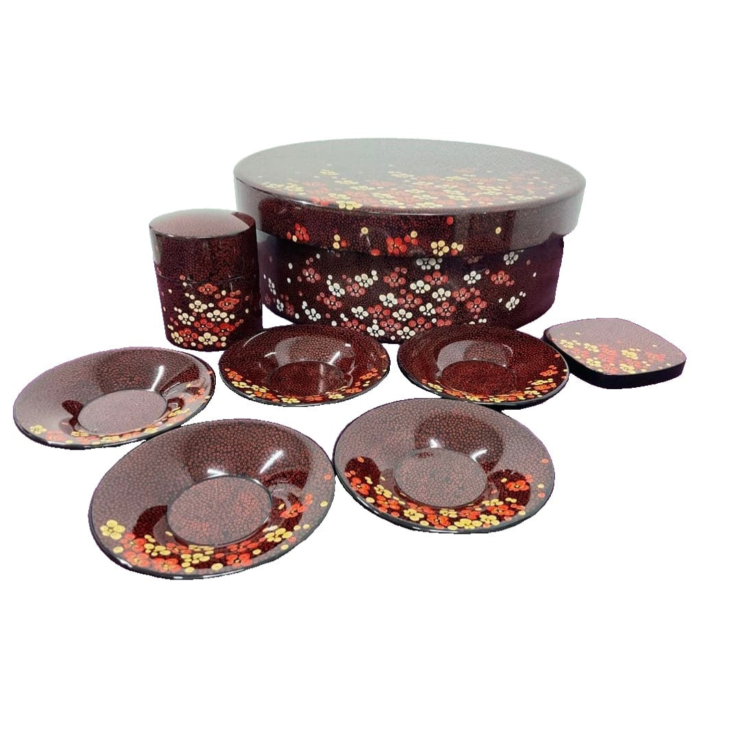 Tsugaru Lacquerware, Plum Blossom Pattern Seven-Piece Lacquered Tea Caddy Set (1 of 8)