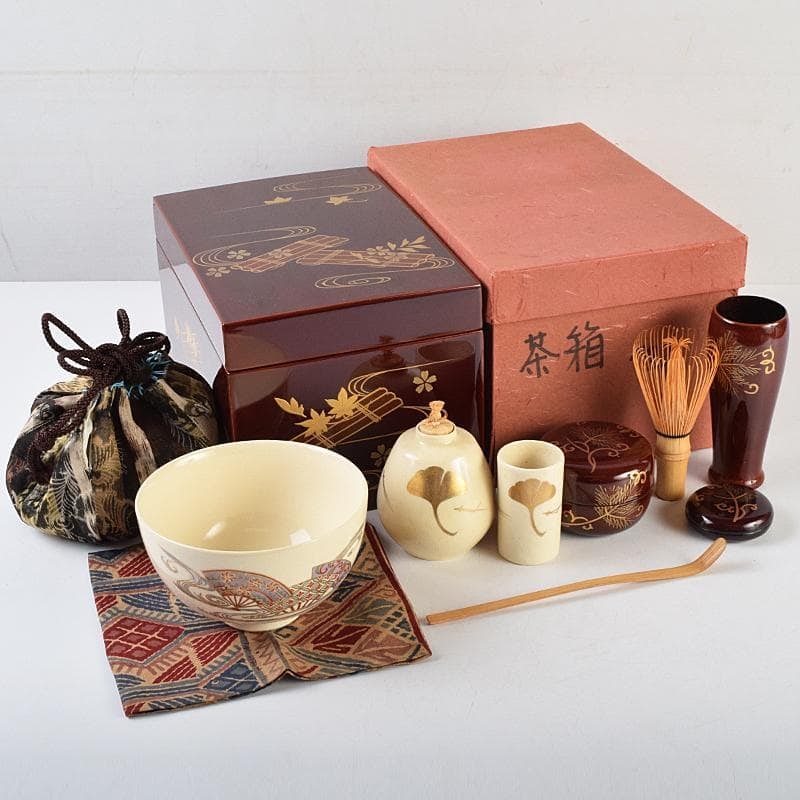 Tea Ceremony Utensils: A set of nine pieces, including a RikyU-style lacquered tea caddy, KyOto ware (1 of 20)