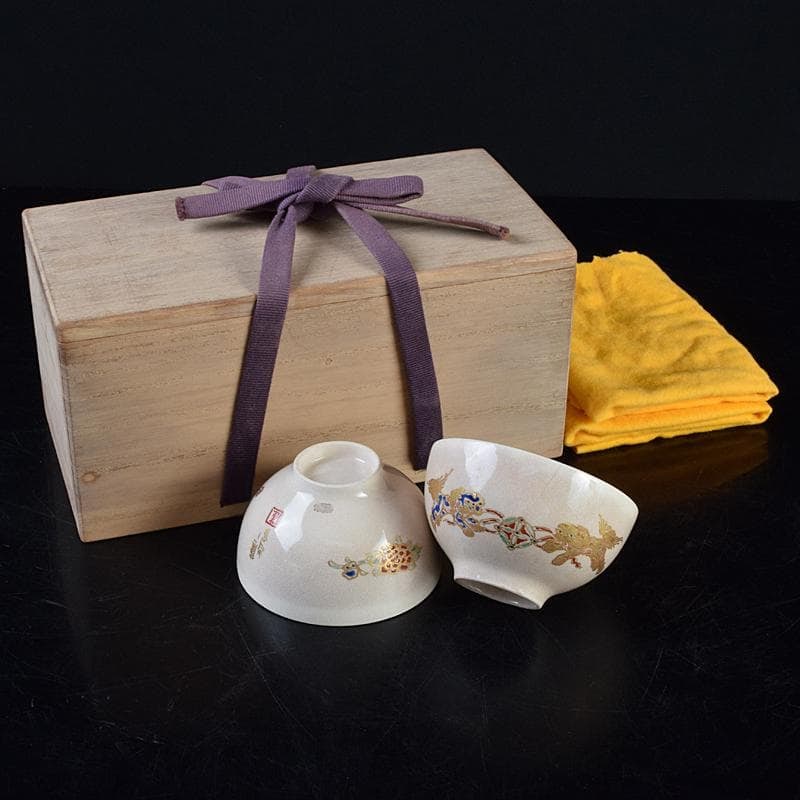 Tea set, Satsuma ware, Shinju Kanzashi, polychrome painting, double lion pattern, tea bowl, original (1 of 15)