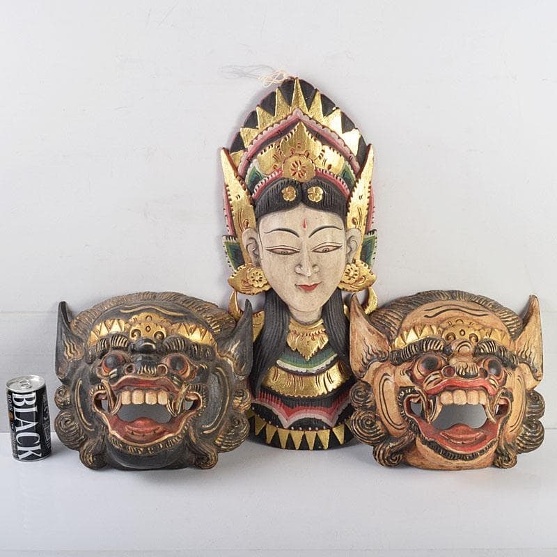 Indonesia, Bali: Painted Wood Carved Masks (Set of 3): Bali, Indonesia: Painted Wooden Masks (Set of 3) Dimensions (Right) Approximately 15 cm thick, 26 cm x 24 cm wide, weight approximately 425 grams (Center) Approximately 6.5 cm thick, 51.3 cm x 20.3 cm