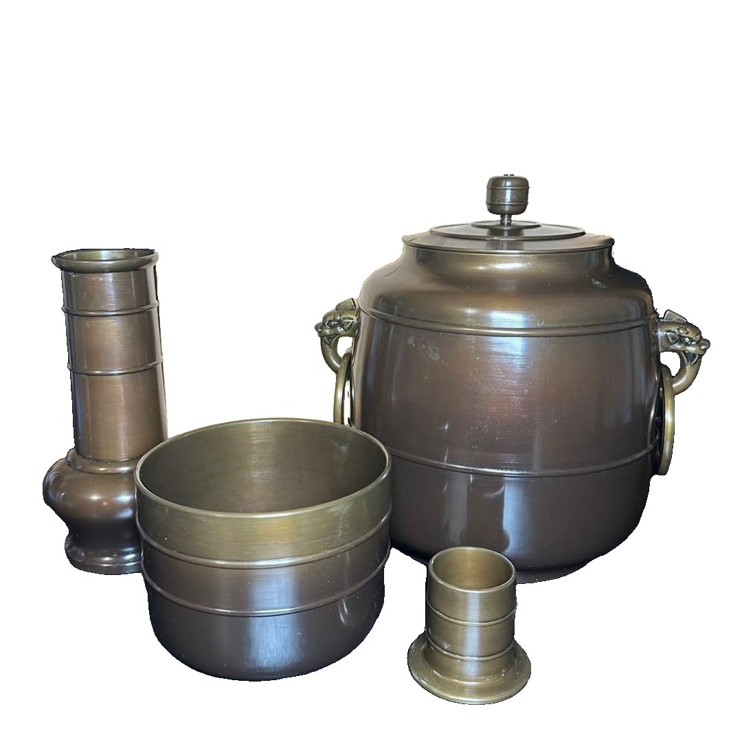 Tea Ceremony Utensils / Metalwork: Rikyu-style Karato Bronze Tea Ceremony Set by "Kanaya Junn" with: Tea Ceremony Utensils/Metal Crafts! Rikyu-style Tang Door Copper Tea Ceremony Set, crafted by "Kanaya Junn". Comes with original box! Water Container Dimensions Width: Approximately 23.5 cm