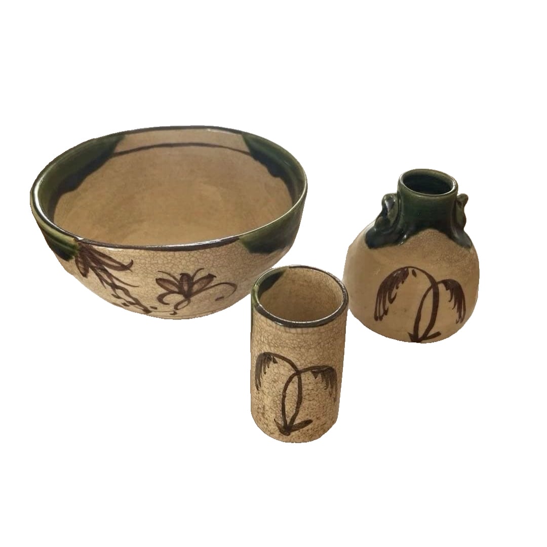 Yamaguchi JOtetsu, Oribe ware, tea bowl, tea whisk, tea cloth box, three-piece set, antique artwork. (1 of 12)