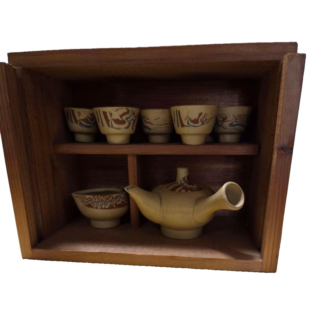 Tokoname Nobuyasu-yaki ceramic miniature tea set, with wooden box. (1 of 19)