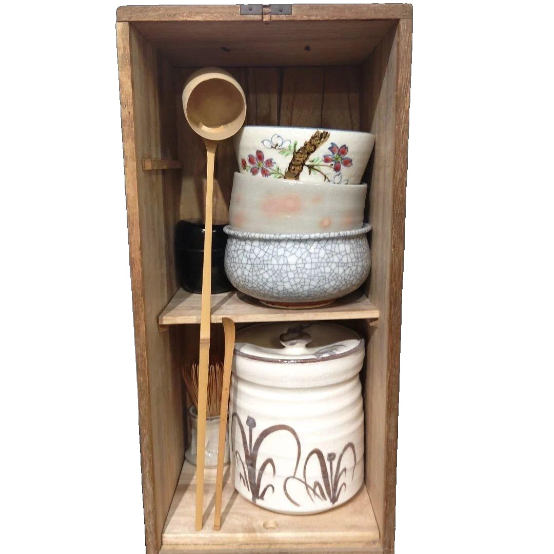 Tea ceremony set, ceramic material, accompanied by a wooden container. (1 of 5)