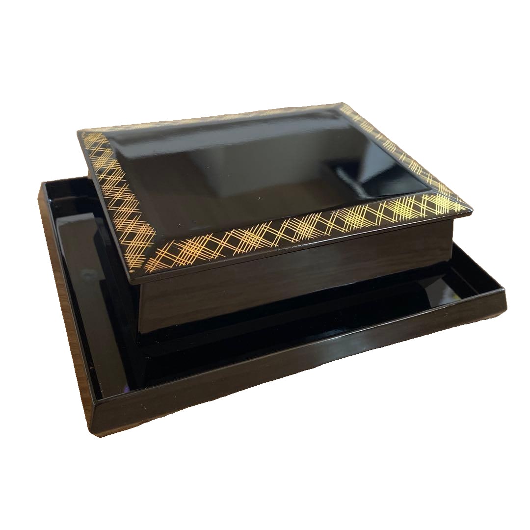Aizu lacquerware small boxes, decorated with gold patterns, comprising a total of three pieces. (1 of 5)