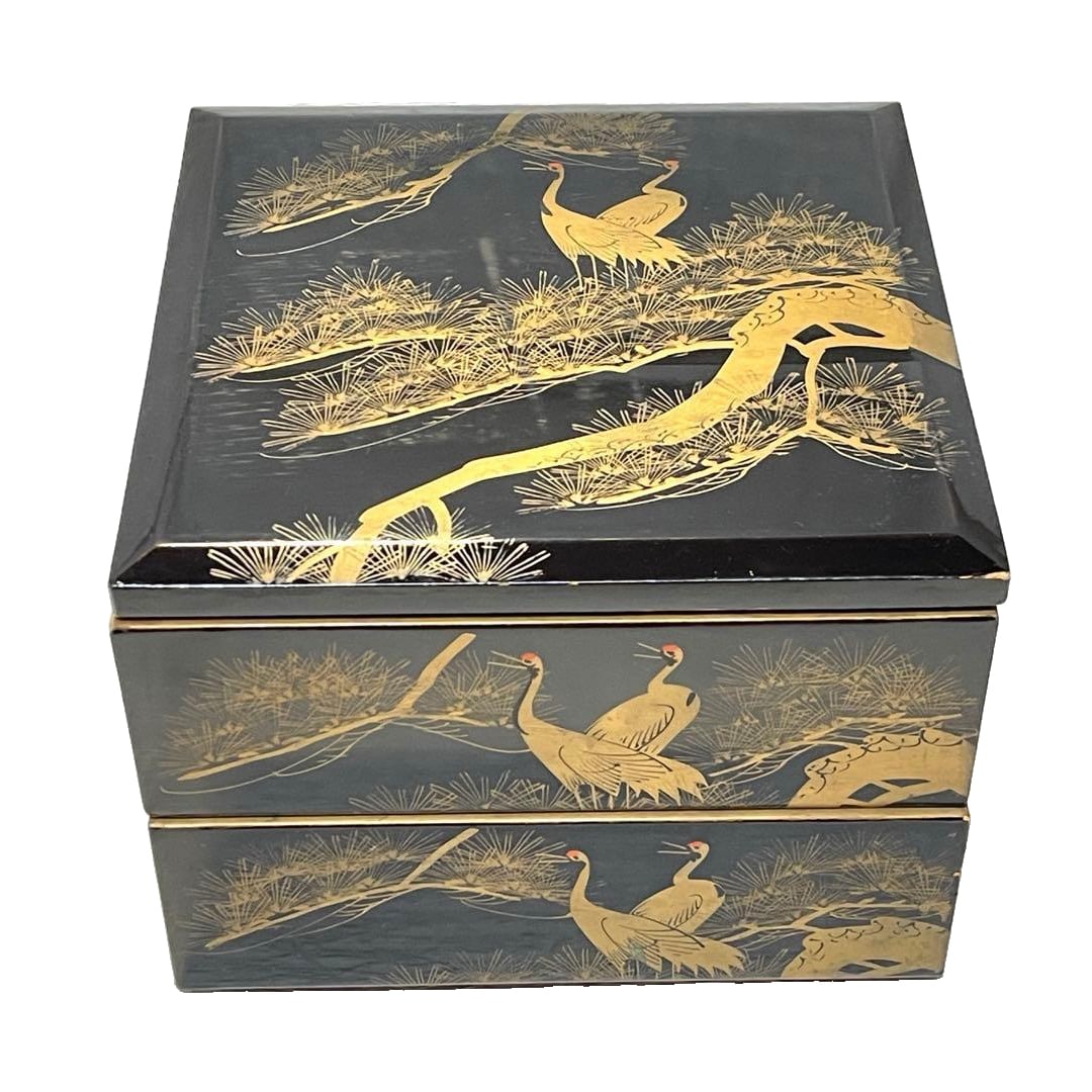 Antique lacquer bento box, adorned with a gold leaf design of pine trees and cranes, crafted using (1 of 18)