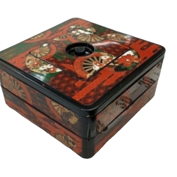 Japanese-style two-tiered bento box, black base, decorated with chrysanthemum pattern.: This is a two-tiered lacquer bento box, shaped like an ox cart. Dimensions: Box Dimensions: approximately 24 x 24 x 14 cm (length x width x height)