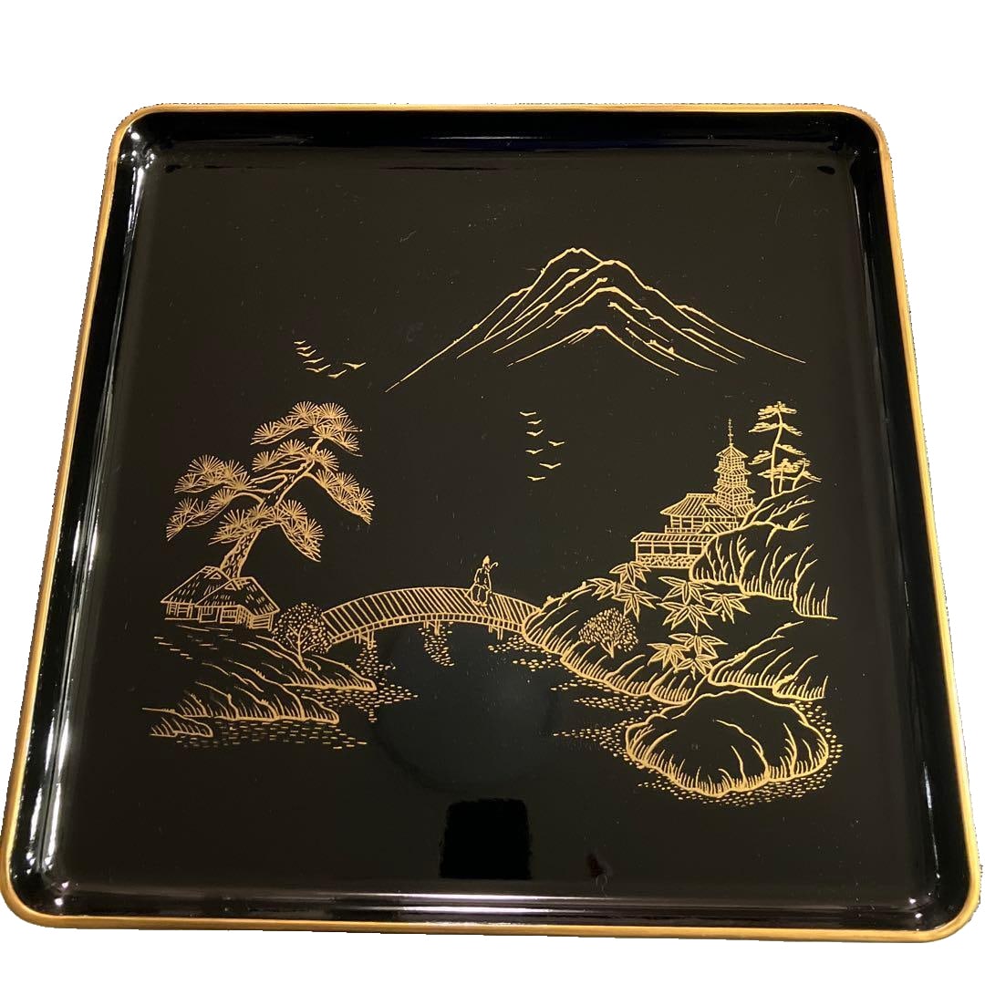 Two WadO lacquer trays, black lacquerware, decorated with gold landscape paintings. (1 of 5)