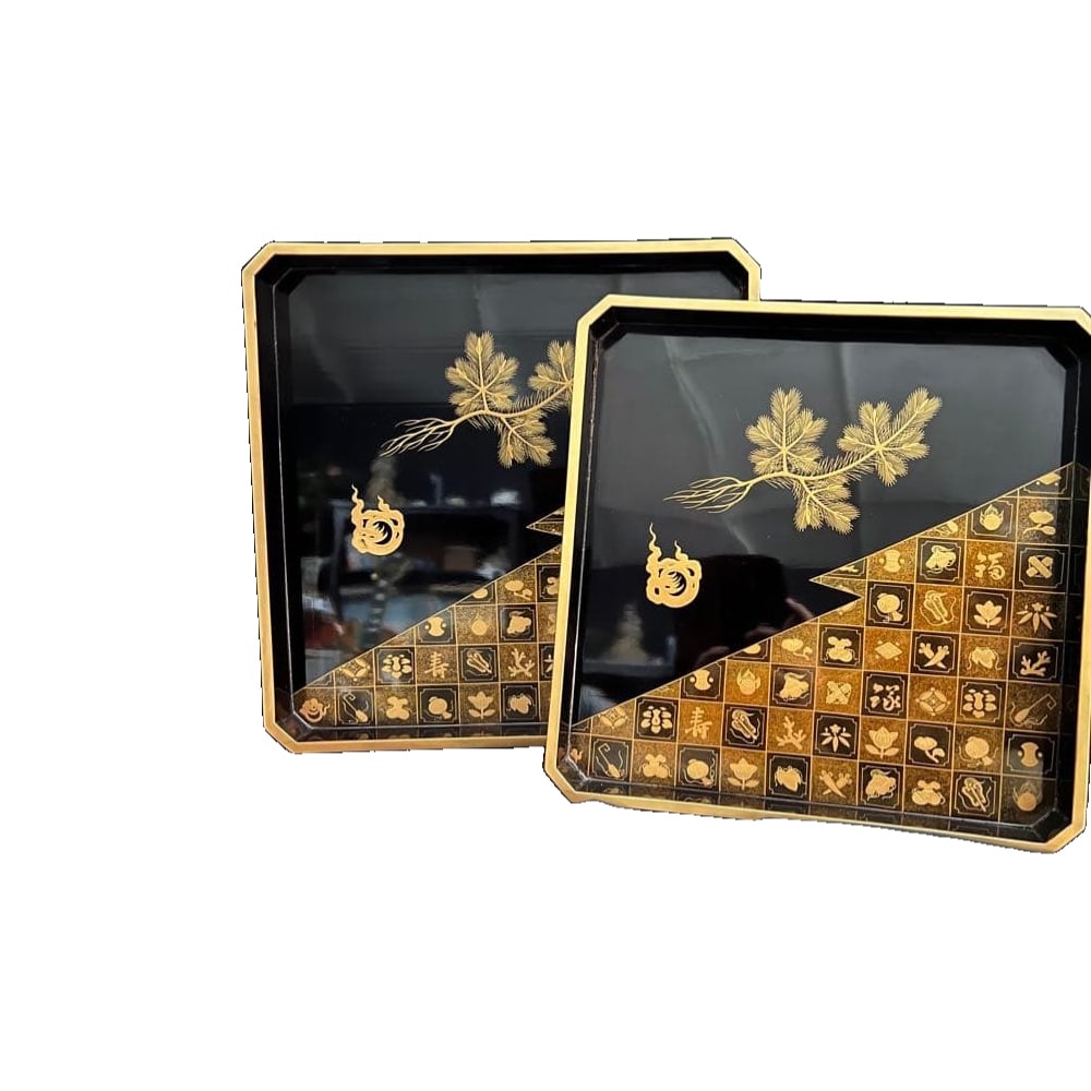 Stackable trays, decorated with maki-e (gold lacquer) designs. (1 of 16)