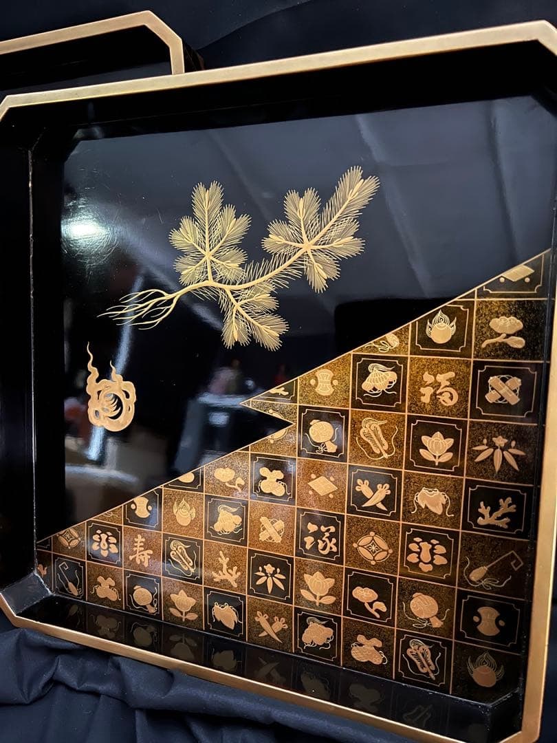 Stackable trays, decorated with maki-e (gold lacquer) designs. - 2