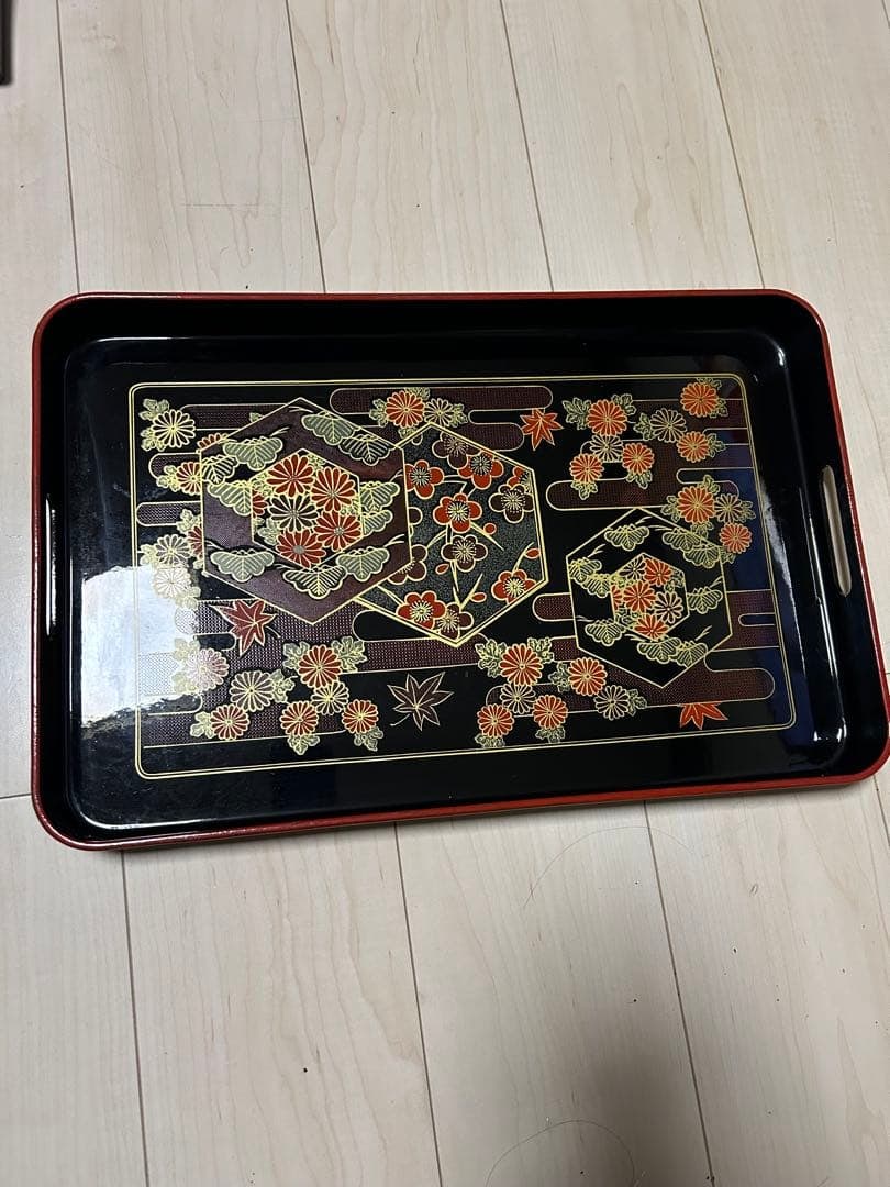 Tray, rectangular tray, Showa retro style, floral pattern, leather, grape pattern, lacquerware. - 13