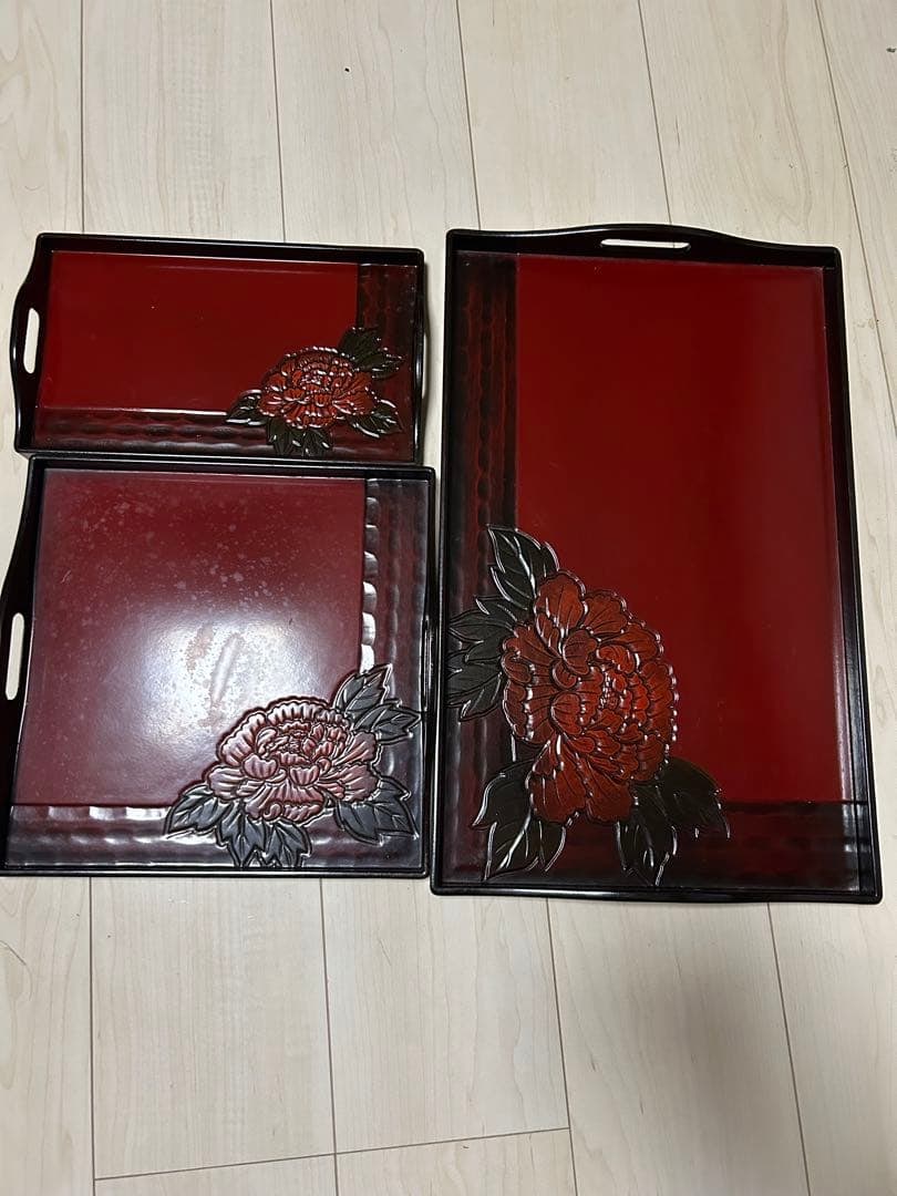 Tray, rectangular tray, Showa retro style, floral pattern, leather, grape pattern, lacquerware. - 15