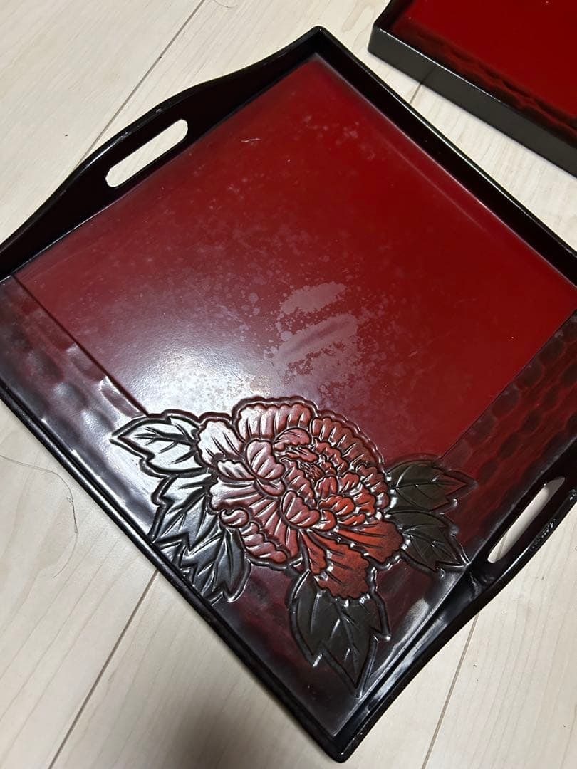 Tray, rectangular tray, Showa retro style, floral pattern, leather, grape pattern, lacquerware. - 16
