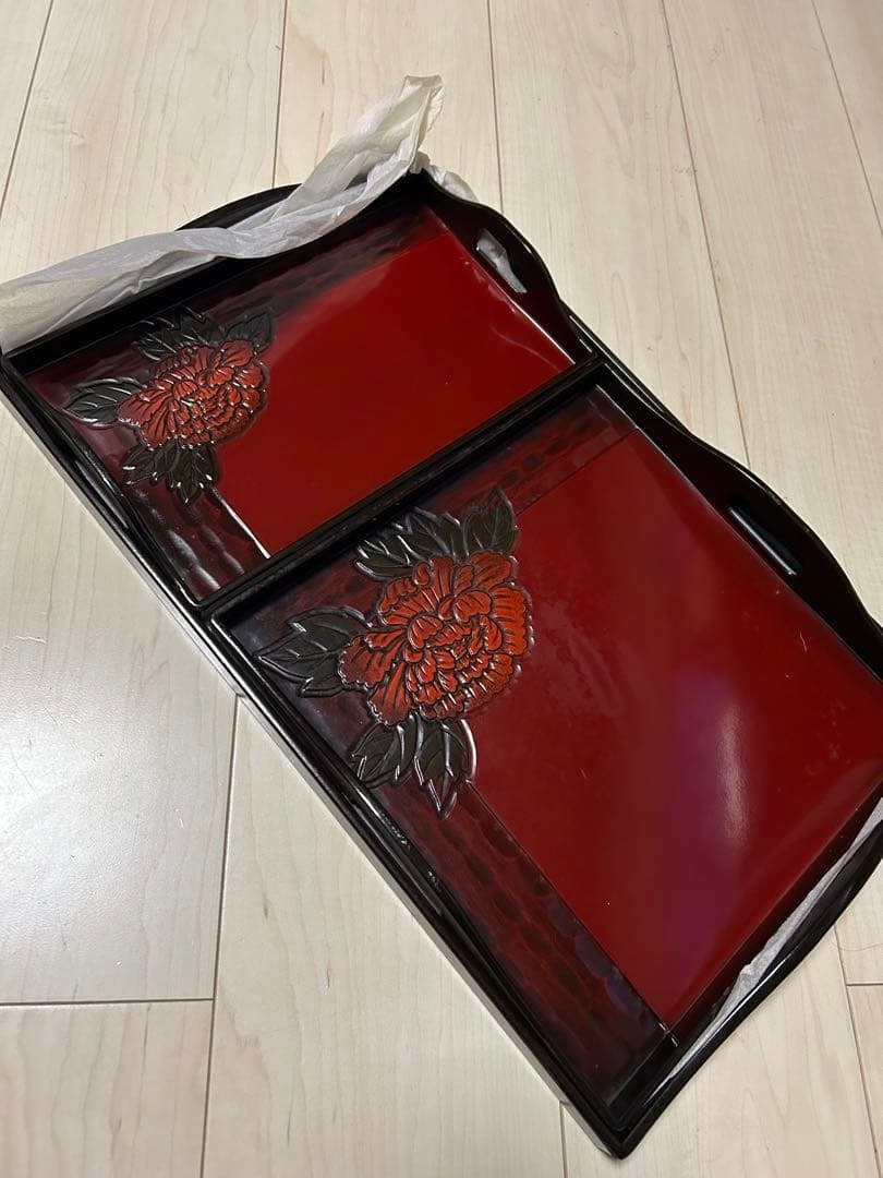 Tray, rectangular tray, Showa retro style, floral pattern, leather, grape pattern, lacquerware. - 18