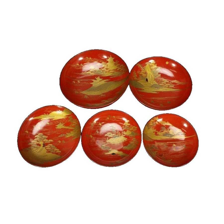A set of five red lacquer sake cups with landscape maki-e decoration. (1 of 18)
