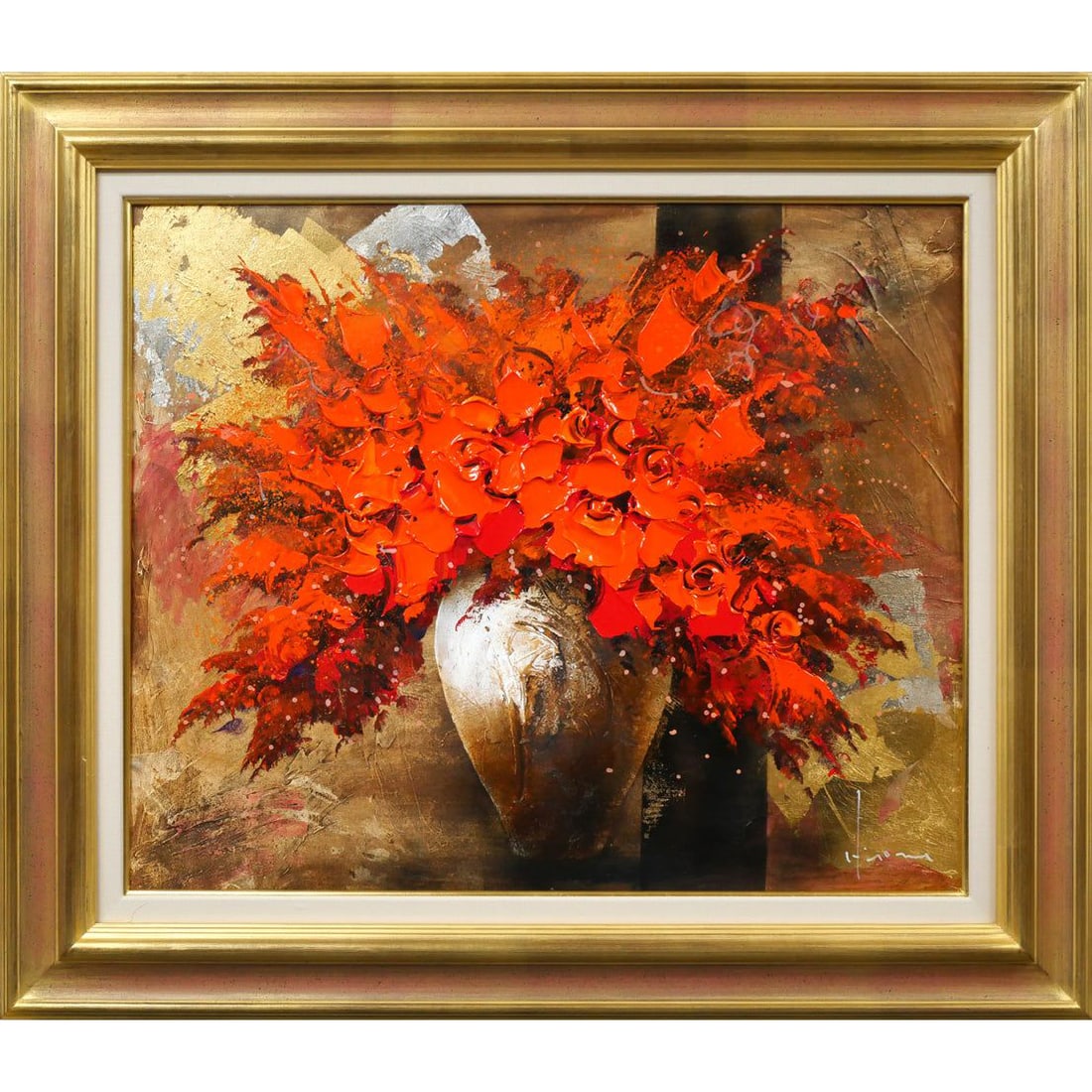 Tachikawa Hiromi "Akai Moribana" Oil Painting, Size F12: ??Product Details? ??Artist?Tachikawa Hiromi ??Title?Red Flower Arrangement ??Technique?Oil on Canvas ??Artwork Dimensions?Size F12 (Height 50.0 cm x Width 60.6 cm) ??Frame Dimensions?67.5 cm (Height)