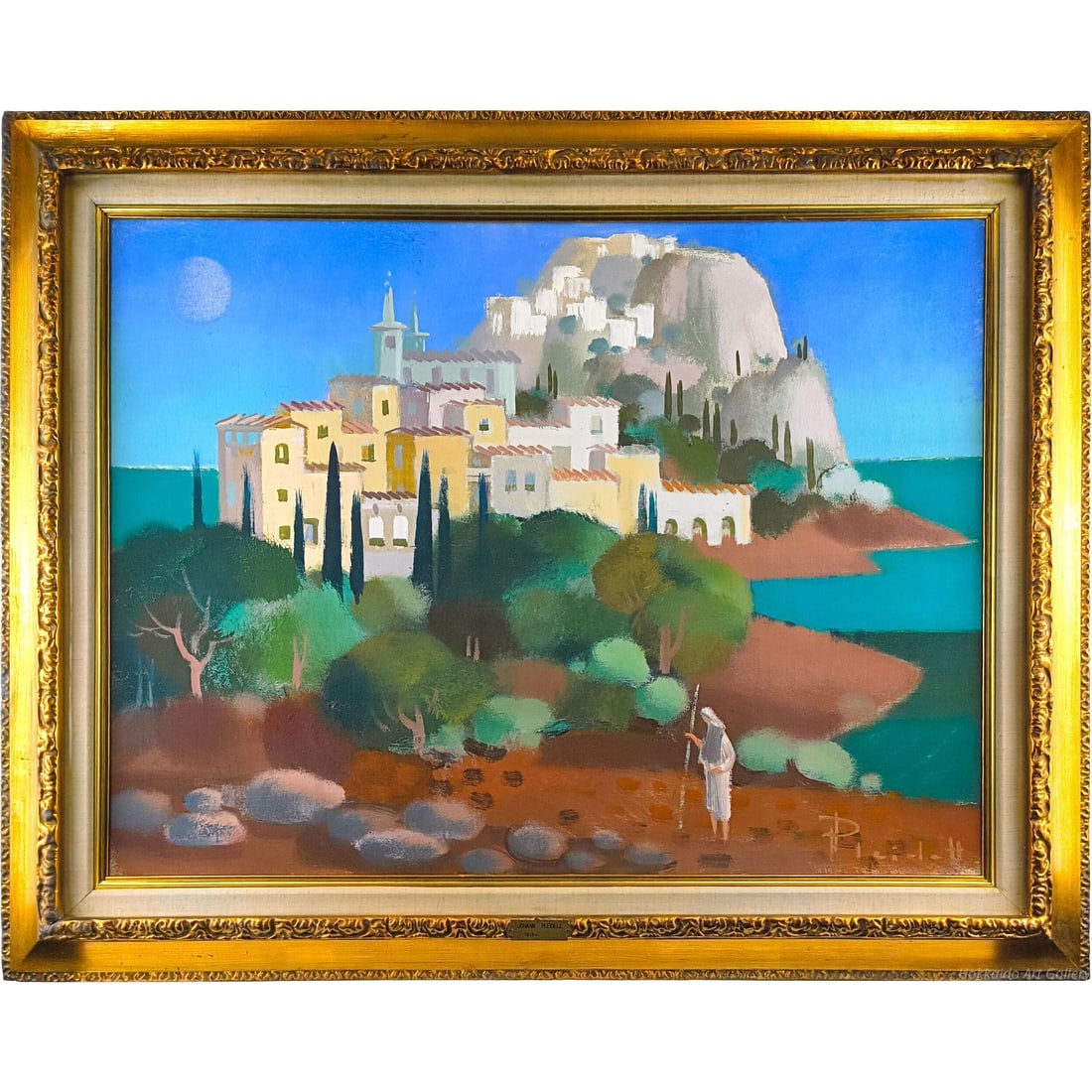 Plaidel "Peninsula" Oil Painting: The path leading to the peninsula appears particularly enchanting under the interplay of light and shadow. The village surrounded by white walls, the lush green landscape, and the bright moon hanging 