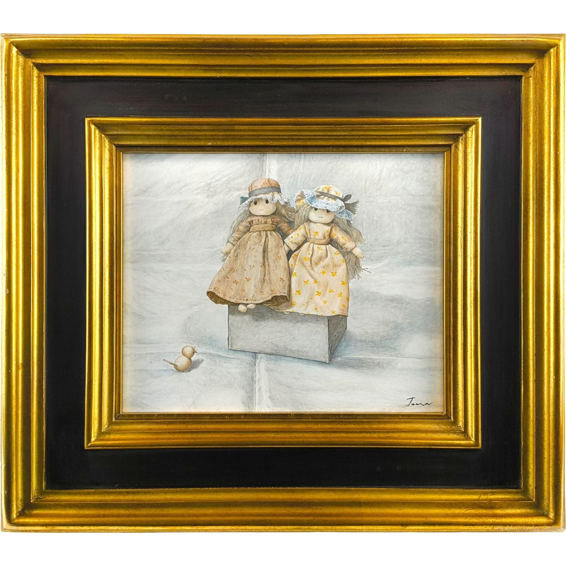 Nagai Tomu "NingyO" Oil Painting, 1979: Two charming dolls and a small bird perched on a box together weave a heartwarming story. The warm and universal worldview nurtured through years of creation is captivating. Created in 1979 Technique: