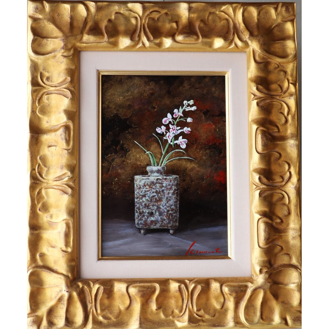 "Serene Love" Oil Painting: Title of the Work: "Tranquil Love" #OilPainting #StillLife #Orchid Date of Production: August 2023 Canvas SM Materials Used: Wood panel + absorbent materials, gesso technique Custom wooden frame Dimen