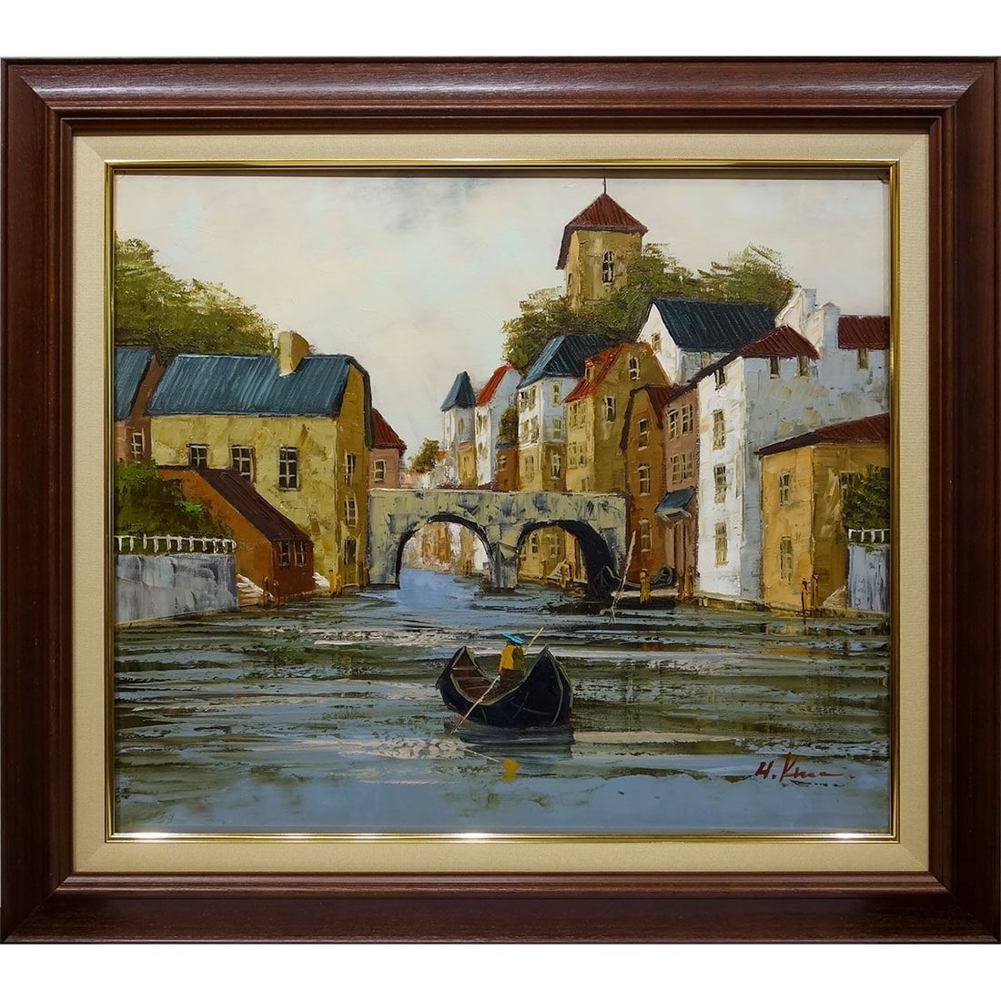 Oil Painting, Size F10, by Hisashi Kurosawa, "Bruges" Original Work, Framed, Landscape Painting,: Bruges, a city that retains the charm of the medieval era. A small boat glides slowly over the canal, making one feel as if they are on a journey through Europe. This landscape painting, with its tran