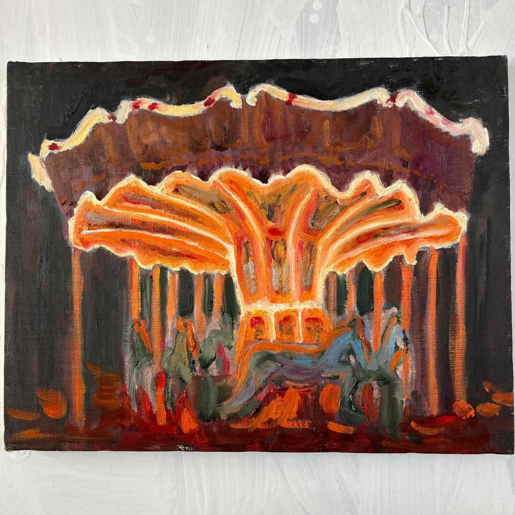 Oil Painting "Night Carousel" | Original Artwork: Oil Painting "Night Merry-Go-Round 7" Original Artwork Dimensions: F6 size (318 mm x 410 mm) Technique and Materials: Oil on canvas, wooden frame Production Date: 2026 Signature Location: Back A strin