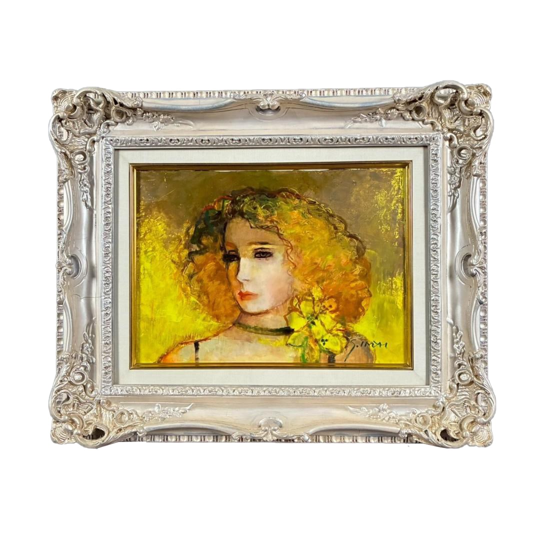 Imai Sachiko, "Woman with Floral Decoration," oil on canvas, signed.: Title of the Work: "Woman with Floral Decoration" Artist Name: Imai Sachiko Technique: Oil on Canvas The work is signed on the front. There is also a signature on the back of the canvas. This is a fin