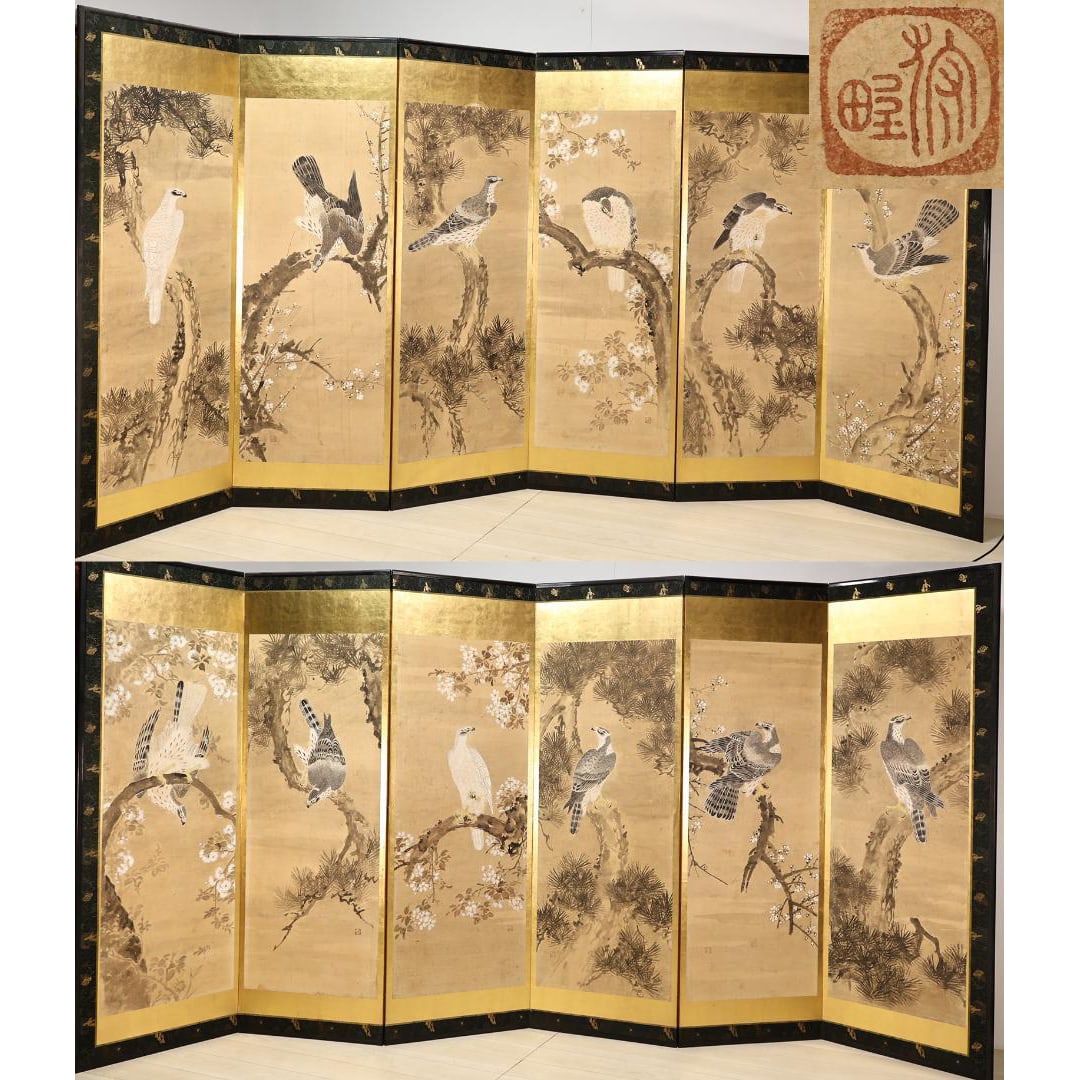 [Authentic Work] Kano School, "Picture of a Hawk with Pine and Cherry Blossoms," Six-Panel Folding: [Authentic Work] Kano School, "Picture of a Hawk with Pine and Cherry Blossoms," Six-panel Folding Screen, Japanese Painting, Ink on Paper This item has been used and stored for a long time. There are