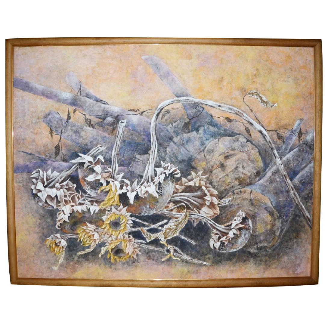 Title: "Late Summer (Sunflower)" Medium: Mineral Pigments Style: Nihonga (Japanese Painting): Artwork Title: "Late Summer (Sunflower)" Nihonga with Mineral Pigments, Framed "Late Summer (Sunflower)" Overall Size Including Frame: Height 96.2 cm, Width 121.7 cm, Thickness 4.8 cm The artist is a 