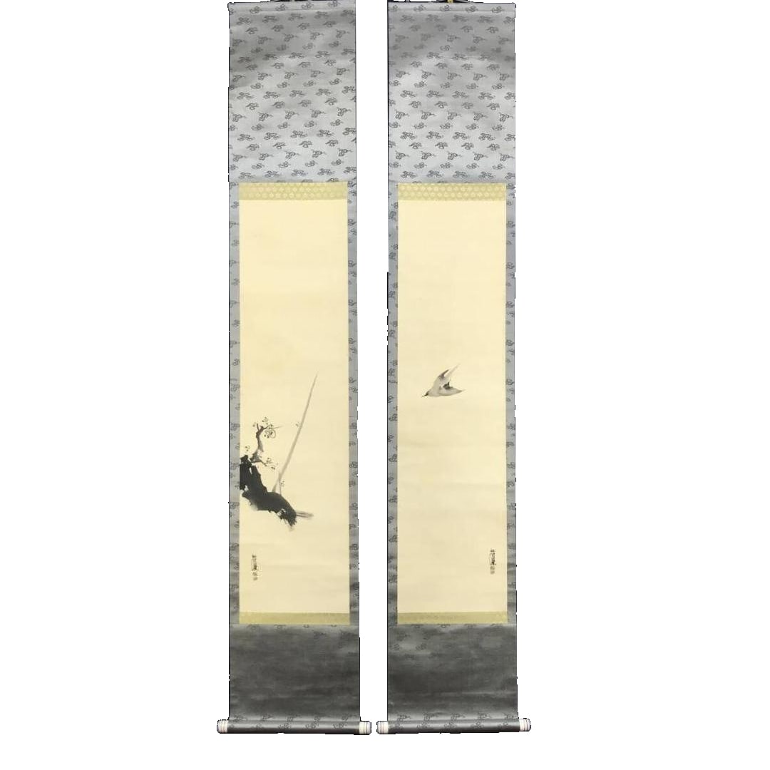 Authentic Work / Takeuchi SeihO / White Plum Blossom Painting / Warbler Painting / Uguisu / Flower: Authentic Work / Takeuchi SeihO / Hakubai-zu (White Plum Blossom Painting) / Uguisu-zu (Bush Warbler Painting) / Uguisu (Bush Warbler) / KachO-zu (Bird and Flower Painting) / Pair of Hanging Scrolls [