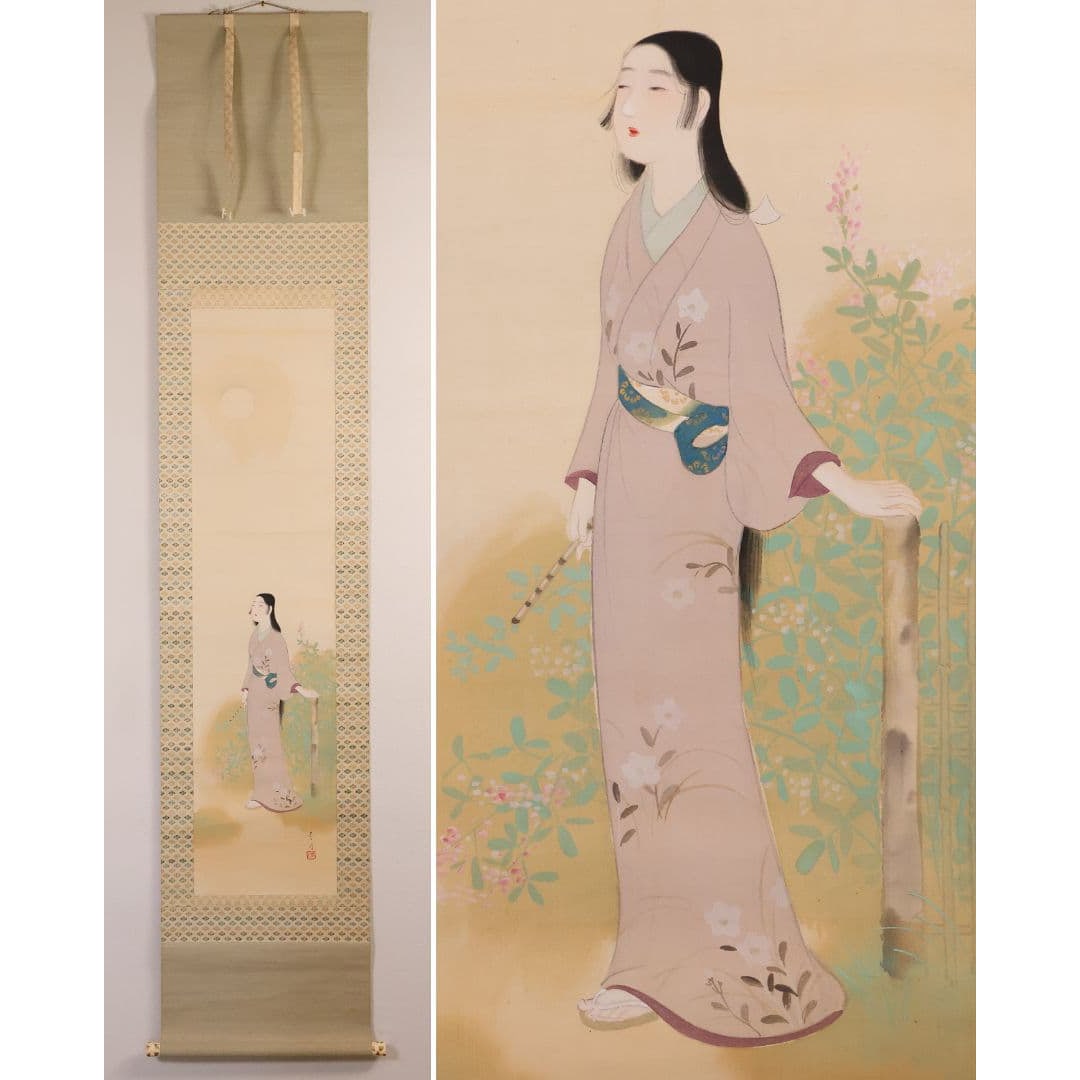 [Authentic Work] Nihonga by Yokoo HOgetsu, Bijin-zu, Silk Hanging Scroll: [Authentic Work] Nihonga by Yokoo HOgetsu, Bijin-zu (Beauty Painting), Silk Hanging Scroll, with Tomobako, Ginkgo Makie on Jikusaki, Hagi Flowers, Colored There are discoloration, stains, and dust. Th