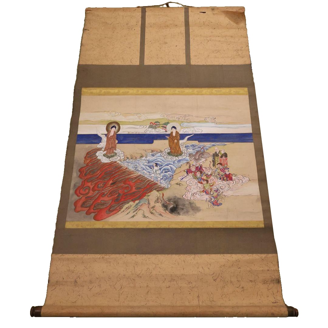 Ancient Buddhist Painting: "Two Rivers and White Path," color on paper, hanging scroll, Buddhist Art (1 of 20)