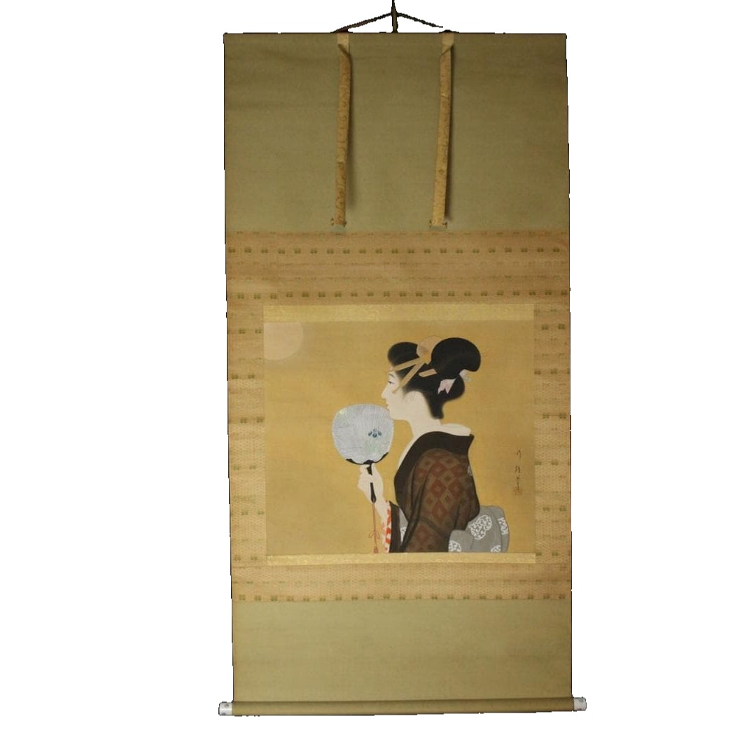 The painting "Ryofu" by Kobayashi Yukio.: The painting "Ryofu" by Kobayashi Yukio depicts a beautiful woman. It is a summer hanging scroll painting, accompanied by its original box. Dimensions Overall dimensions: 71 cm x 140 cm; Image