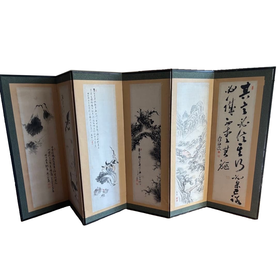 Six-panel folding screen, painted with ink landscape and Chinese poetry. (1 of 11)