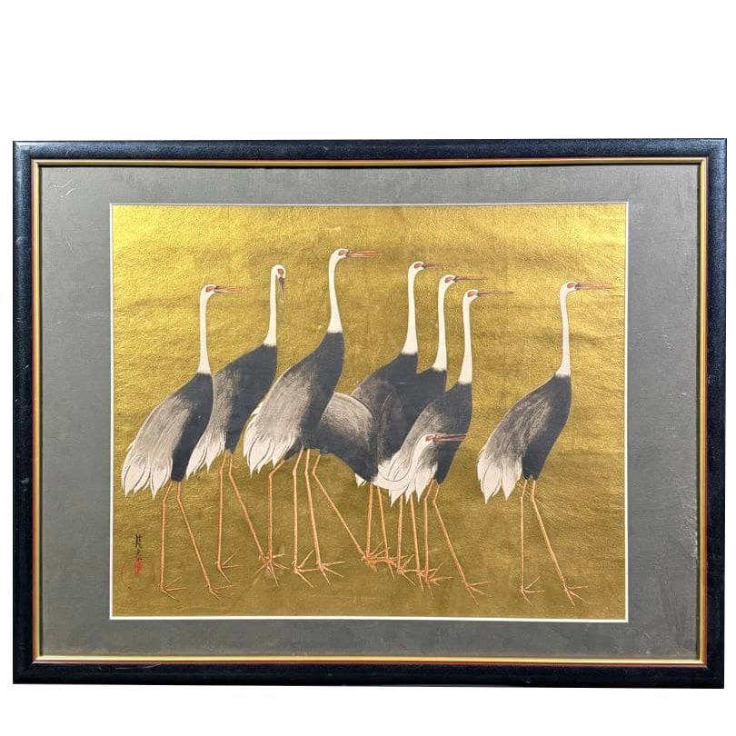 Ogata KOrin "Flock of Cranes" Framed Gold Leaf Decorative Painting: Ogata KOrin "Flock of Cranes" framed reproduction, gold leaf decorative painting Dimensions: Height: 59.5 cm Width: 77.5 cm