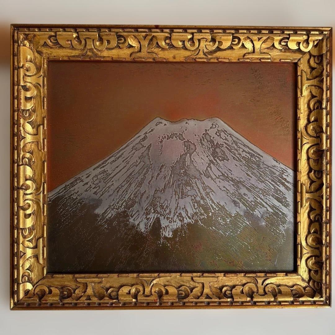 Three-dimensional metal artwork of Mount Fuji, with a gold-colored wooden frame. (1 of 20)