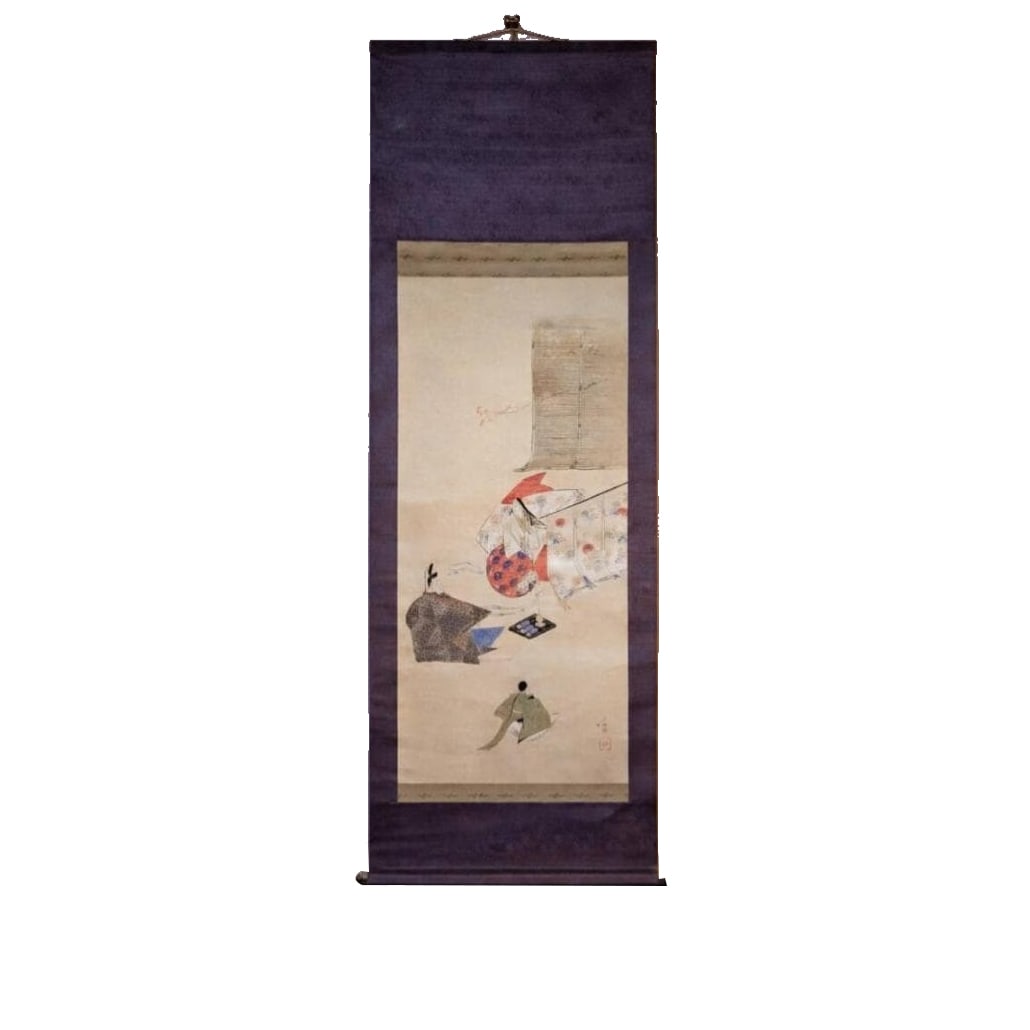 [Authentic] Hanging Scroll: Elegant Scene of Water Play from the Heian Period: [Authentic] Hanging Scroll: Elegant Scene of Water Play from the Heian Period - Nobles Frolicking Under a Canopy - Ancient Calligraphy Style Figure Painting - With Box Mounting Dimensions (including r