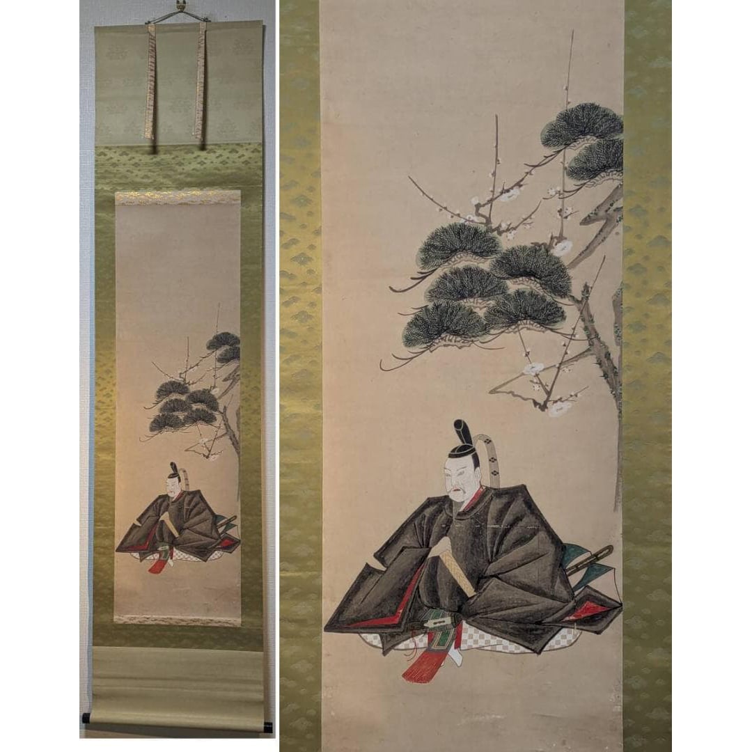 Genuine Item: Hanging Scroll: Hanging Scroll of Tenjin (Heavenly God): [Authentic] Hanging Scroll: Tenjin Image Hanging Scroll - Sugawara no Michizane Seated Among Plum Blossoms - Praying for Academic Success and Smooth Examinations - With Box Mounting Dimensions (includ
