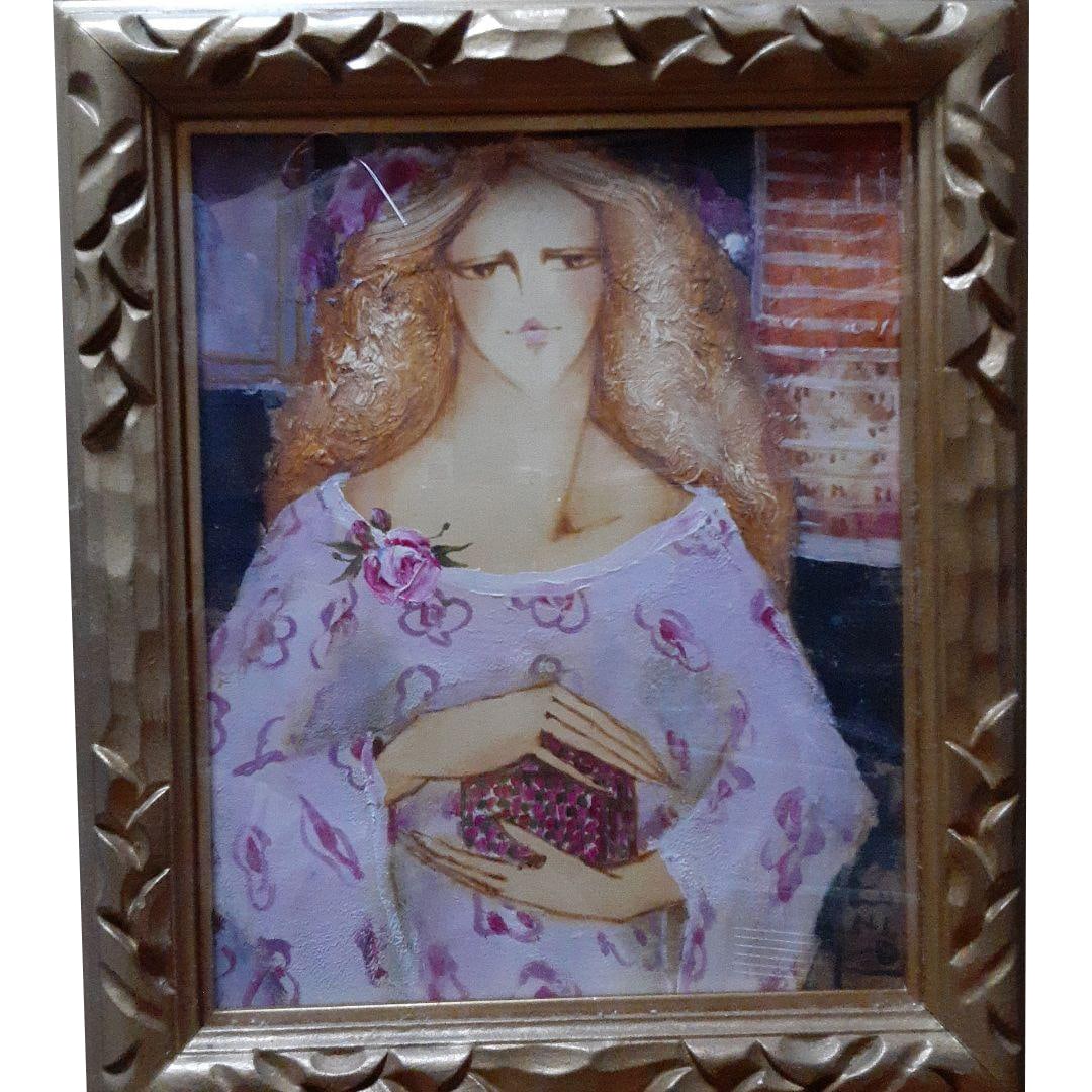 Oil Painting of a Woman by Matsutoya Kuniko, Signed ZID: Artist: Matsutoya Kuniko - An oil painting in pastel colors depicting a female figure, accompanied by a gold frame. Art Style: Oil Painting Frame: Gold Decorative Frame Theme: Female Figure Signature: