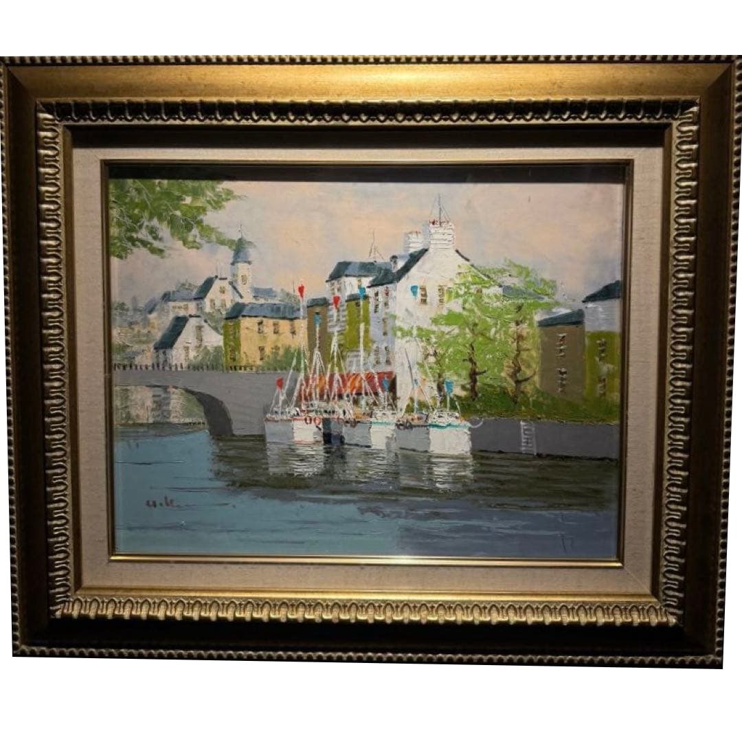 Kurosawa Hisashi [FUkeiga] Original Oil Painting with Handwritten Signature: Original oil painting by Hisahisa Kurosawa, with an autograph signature A group of yachts is moored on the calm water, and the riverside town is bathed in gentle sunlight. The light brushwork evokes a