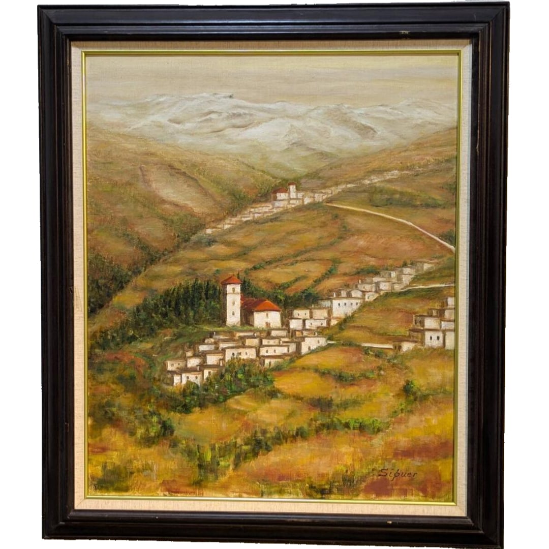 Painting by Okada, Oil on Canvas, Size 20, "A Small Village: Poetic Sentiment of a European Mountain: Painting by Okada, Oil on Canvas, Size 20 - "A Small Village: Poetic Sentiments of a European Mountain Village" Product Description: Frame Dimensions: Approximately 77 x 88 cm Artwork Dimensions:
