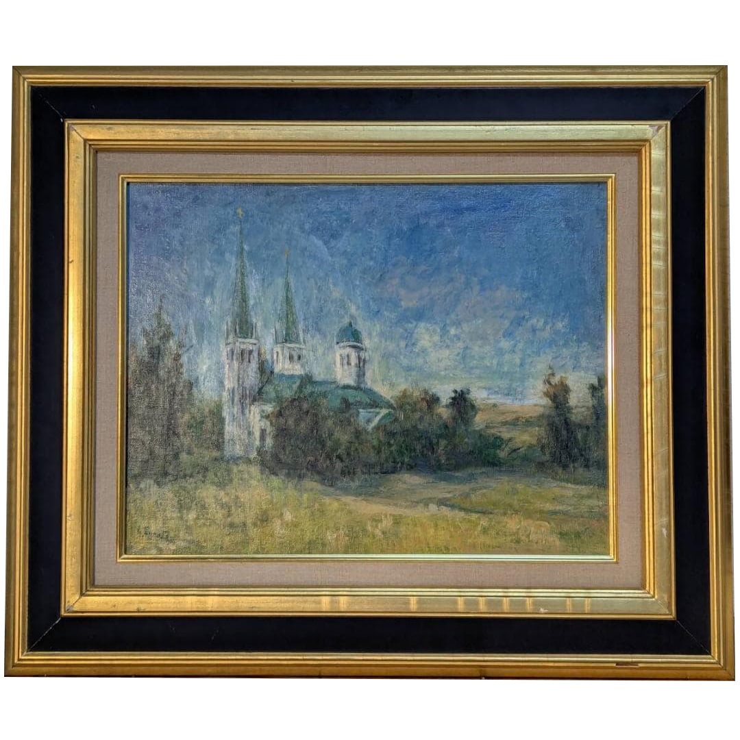Oil on canvas, dimensions 6, European church landscape.: Oil on canvas, size 6, European church landscape, serene spire scenery Product Description Frame dimensions: approximately 60 x 52 cm Artwork dimensions: approximately 40 x 30 cm